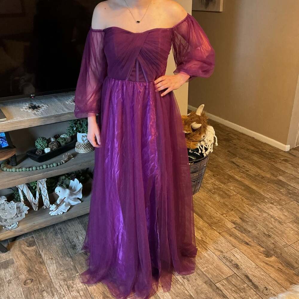 Purple Tulle Off-Shoulder Puff Sleeve Evening Gown Split